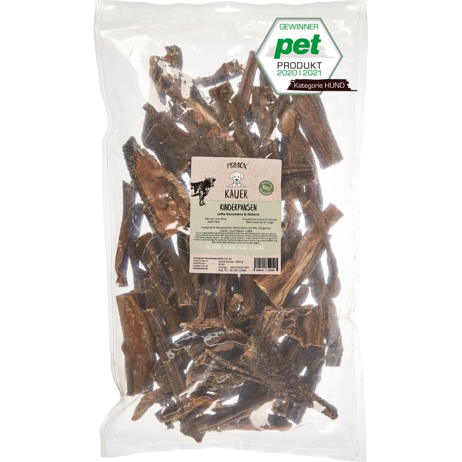 Primox Hunde-Snack Kauer Rinderpansen, 1kg Packung. Getrocknete Natursnacks für Hunde.