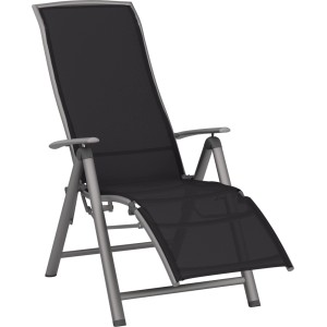 Verstellbarer, klappbarer Relaxsessel Welsby in Schwarz mit Aluminiumgestell und Armlehnen.