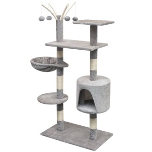 Grauer vidaXL Katzen-Kratzbaum, 125 cm hoch, mit Liegemulde, Haus und Spielzeug.