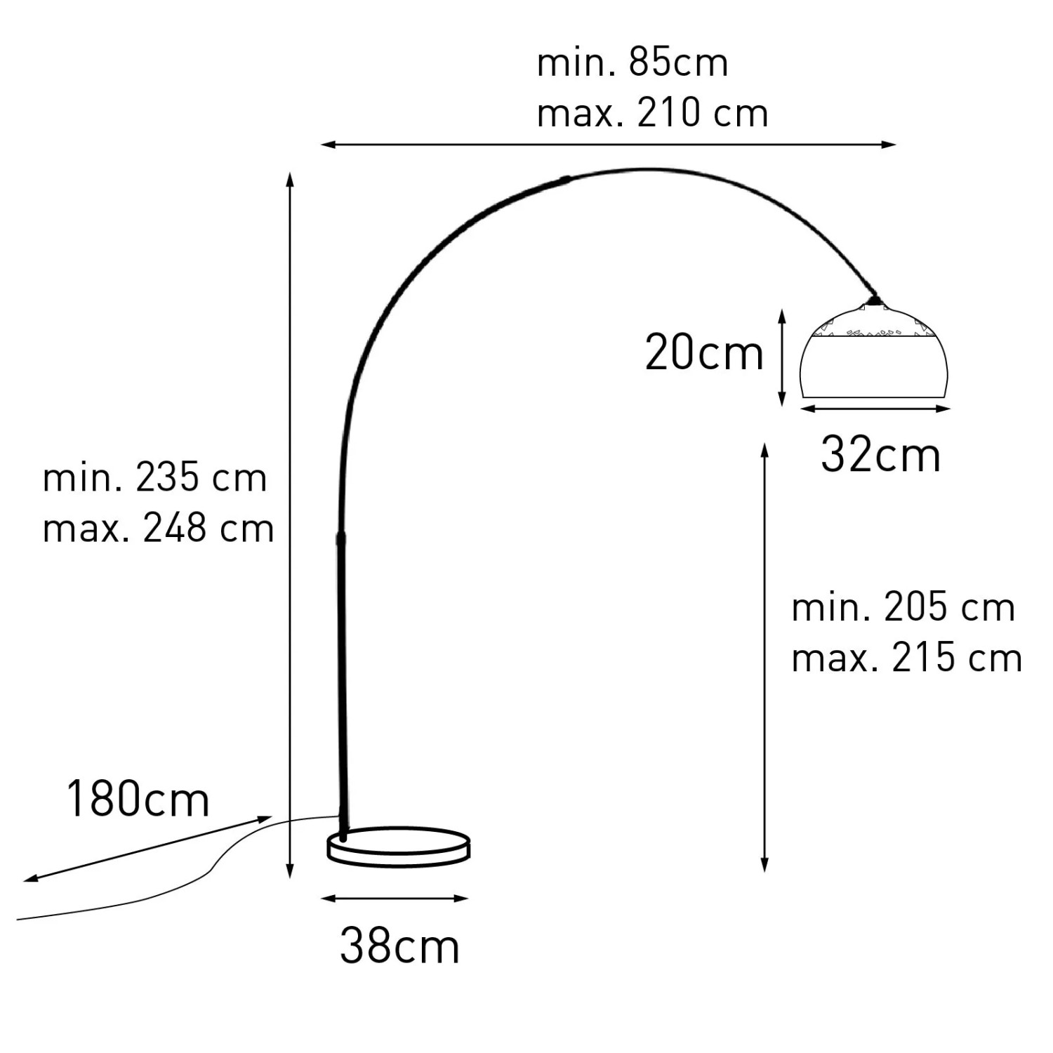 Skizze der Bogenleuchte QAZQA in Messing/Schwarz mit Maßen. Ideal für Wohnzimmer & Büro.