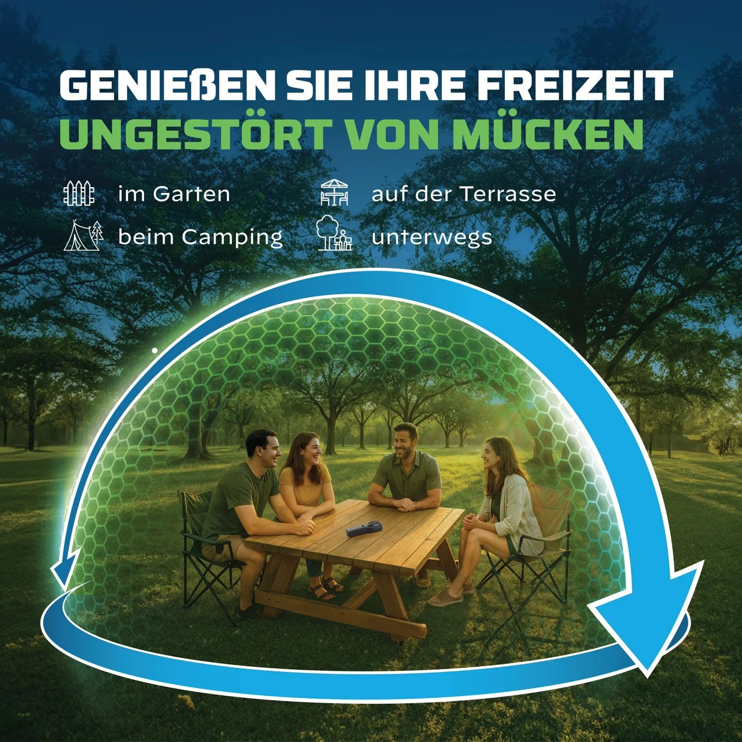 Thermacell Mückenabwehr Proactive: Menschen sitzen geschützt im Garten.