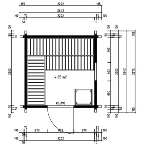 Grundriss Finntherm Gartensauna Cubus-70 A Natur, 264x264 cm, mit Maßen.