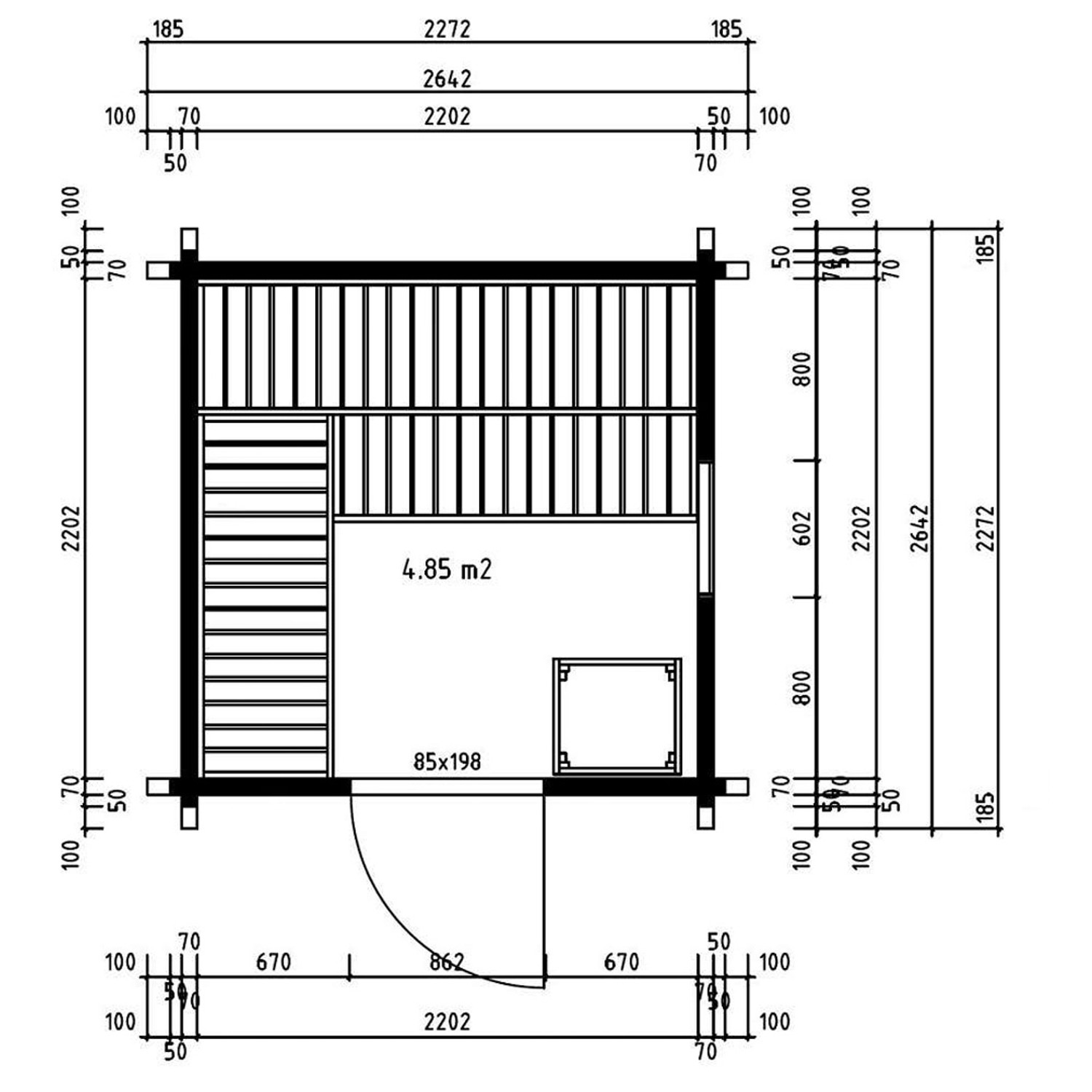 Grundriss Finntherm Gartensauna Cubus-70 A Natur, 264x264 cm, mit Maßen.