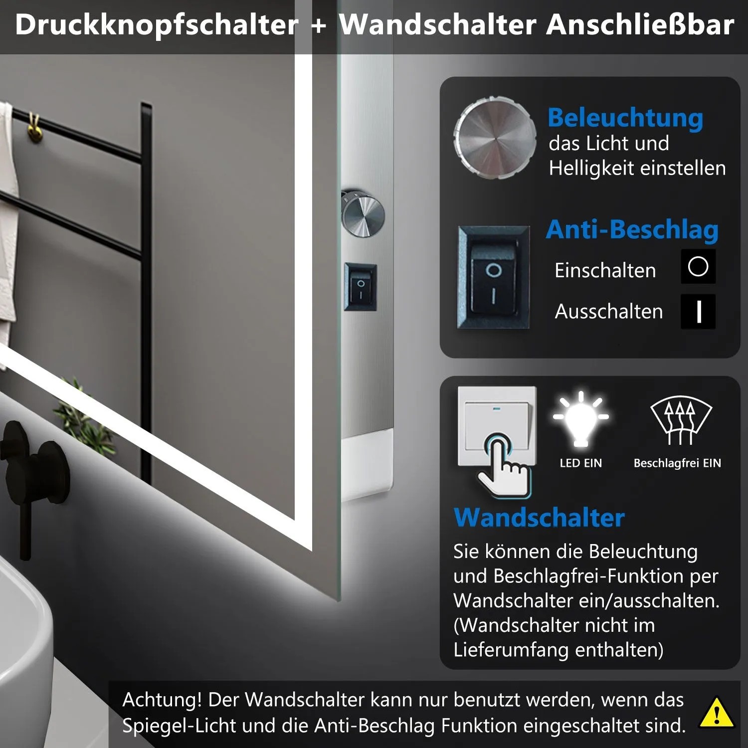 Aica Badspiegel 100x60 cm mit LED, Drehknopf, Wandschalter, Kaltweiß, dimmbar, Memory-Funktion.