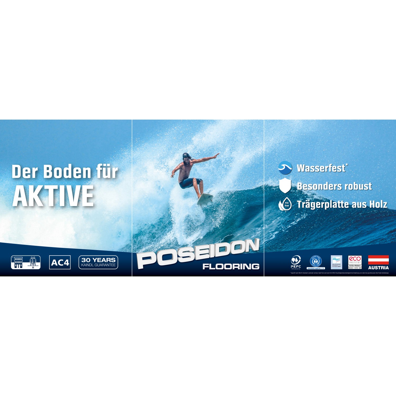 Kaindl Laminat Poseidon Bali Oak, wasserfest und robust. Breitdiele in Holzoptik für aktive Wohnbereiche.