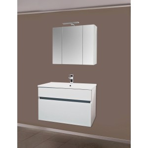 Sanotechnik Badmöbel-Set Stella, 80 cm, 3-teilig, Weiß: Waschbeckenunterschrank, Waschbecken und Spiegelschrank.