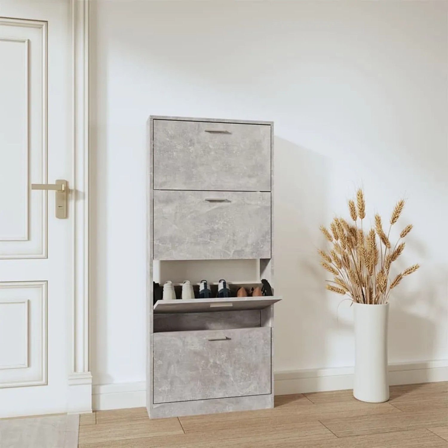 vidaXL Schuhschrank, Betongrau, 59x17x150 cm, Holzwerkstoff mit vier Fächern.