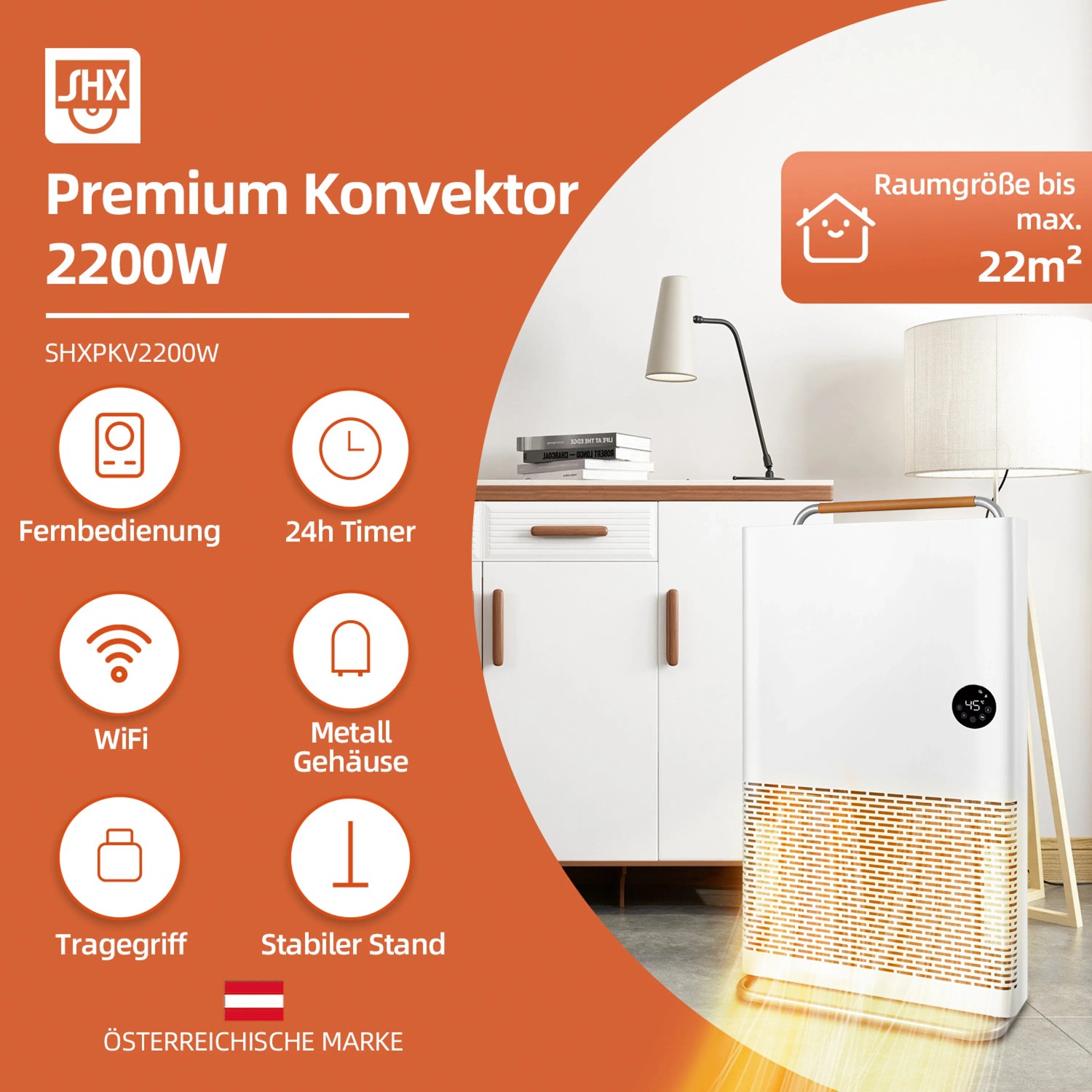 Weißer Kompakt-Konvektor 2200 W mit WiFi und digitaler Anzeige. Elektrisches Heizgerät mit Tragegriff und Standfuß.