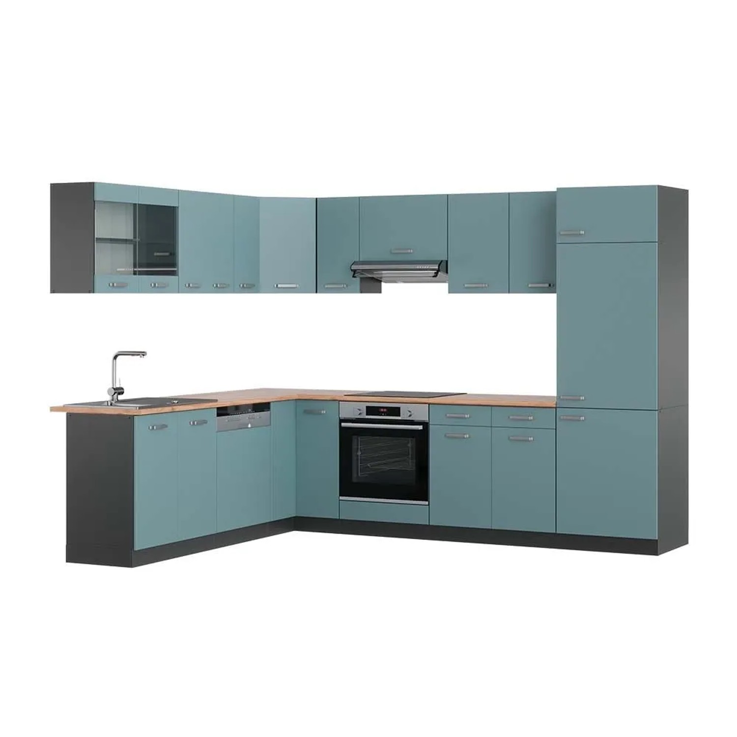 Vicco Eckküche R-Line Blau-Grau/Anthrazit 287 x 82, AP Eiche