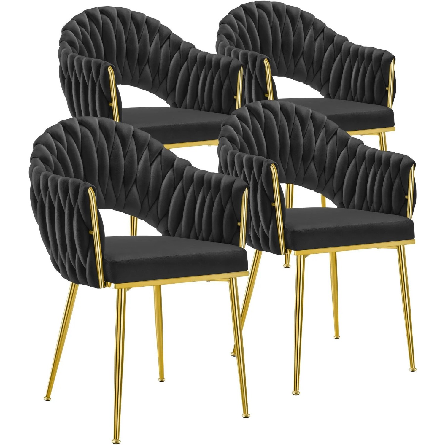 Tectake Esszimmerstuhl Caslano Gepolstert  Mit Samtbezug Durchgehende Lehne Im Flechtdesign 4Er Set 57 x 55 x 84 cm Schwarz Gold
