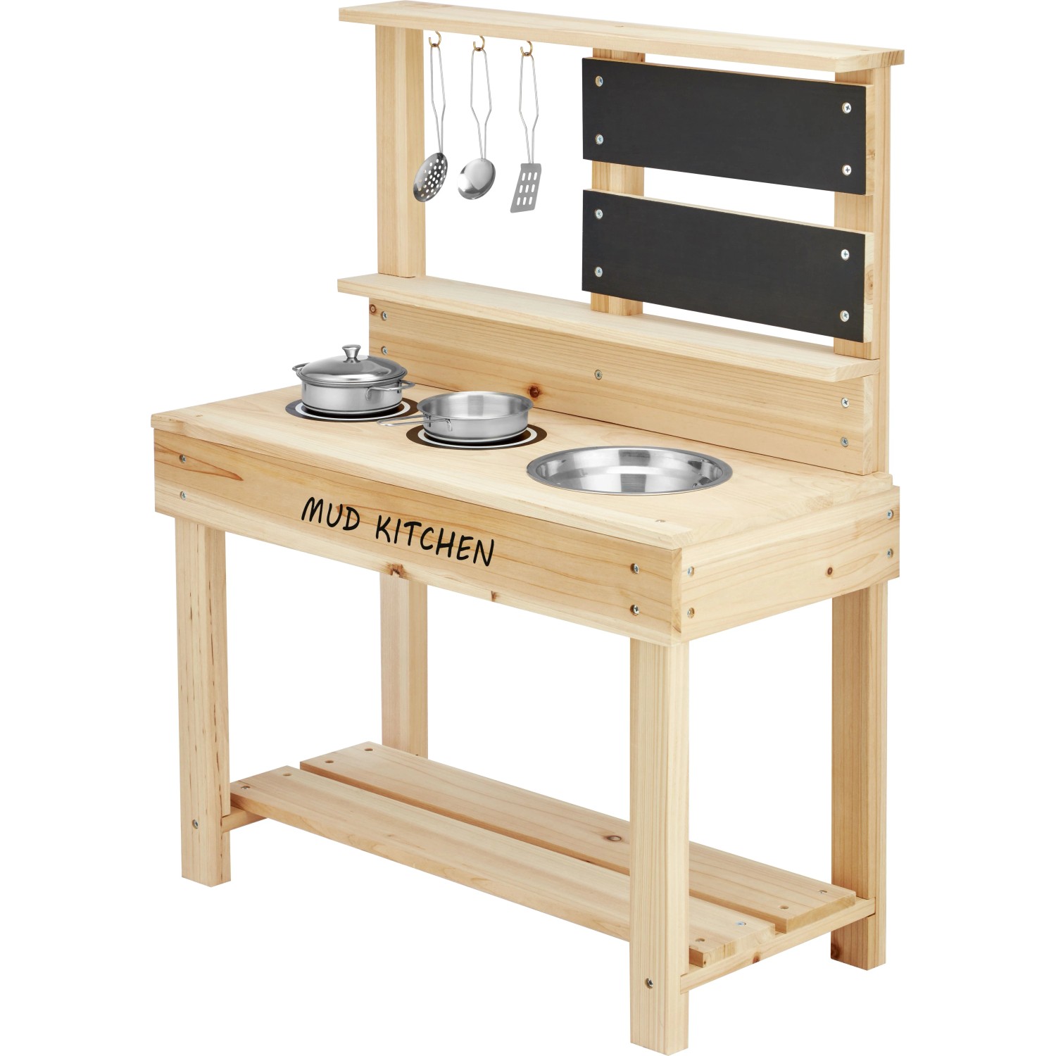 Matschküche aus Holz mit Kreidetafel und 7-teiligem Küchen-Set für Kinder.
