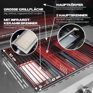 Taino Wabaya Gasgrill: 47x37 cm Grillfläche mit 2 Hauptbrennern und Infrarot-Keramikbrenner für präzises Grillen.