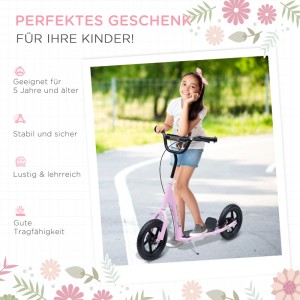 Mädchen auf rosa HOMCOM Kinderroller mit Hinterbremse. Roller mit 12-Zoll-Rädern für Kinder.