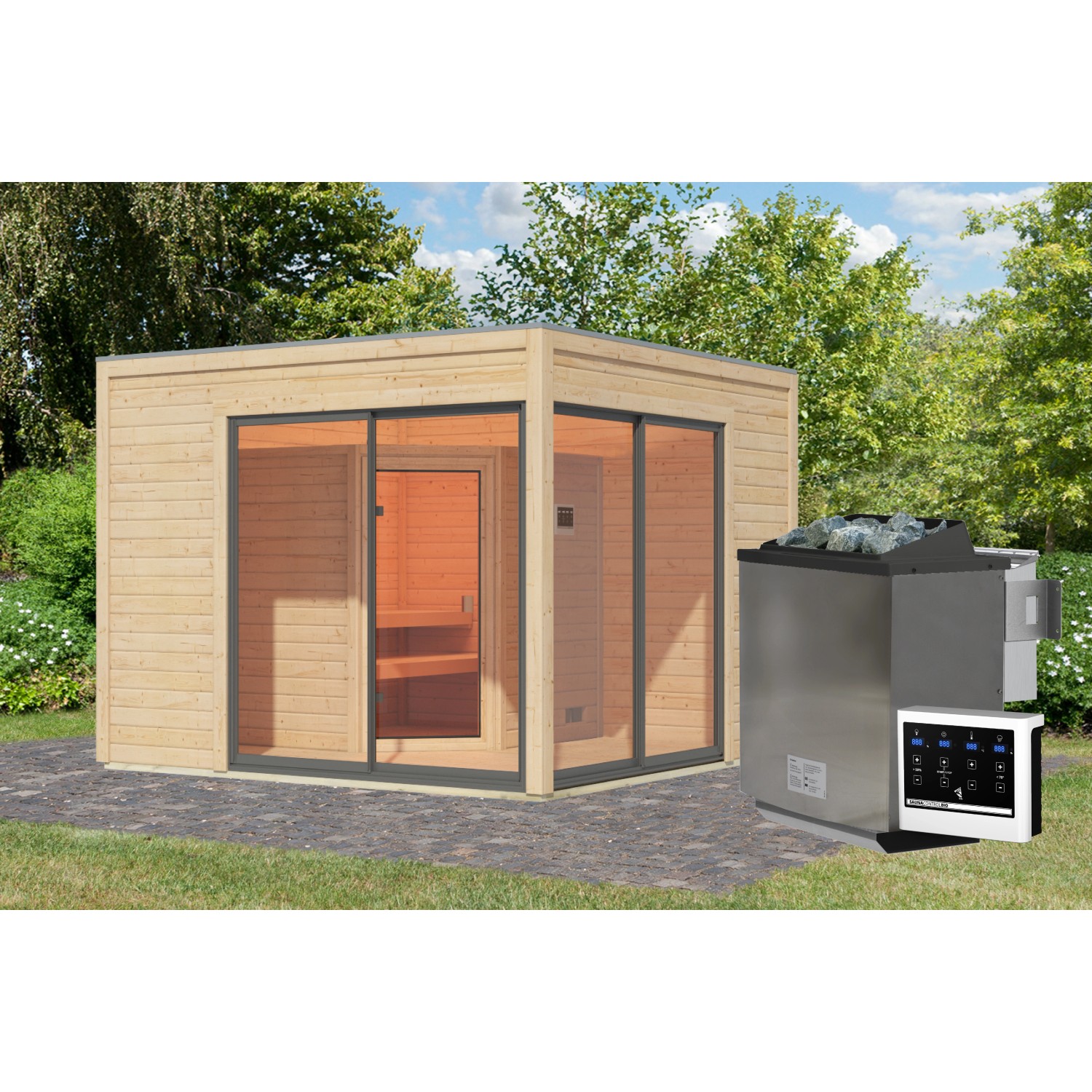 Karibu Gartenhaus Cubulis 3 Naturbelassen mit Ofen 9 kW Bio Ext. Strg.