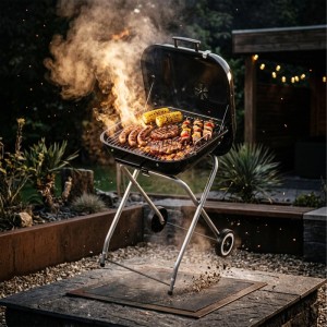 Mobiler Relaxdays Holzkohlegrill schwarz mit offenem Deckel, Rollen und Grillgut wie Steaks, Würstchen, Mais auf dem Rost im Garten.