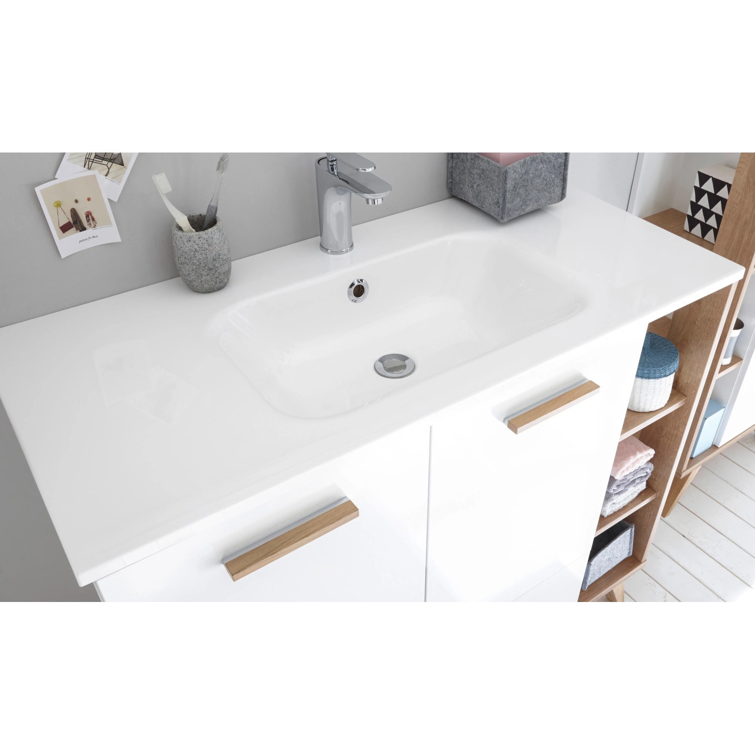 Pelipal Mineralmarmor-Waschbecken Quickset 923, 101 cm, weiß, mit Armaturbohrung und Überlauf.