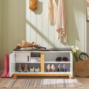 SoBuy Schuhbank mit Sitzfläche und Stauraum MDF Bambus Weiß FSR117-W
