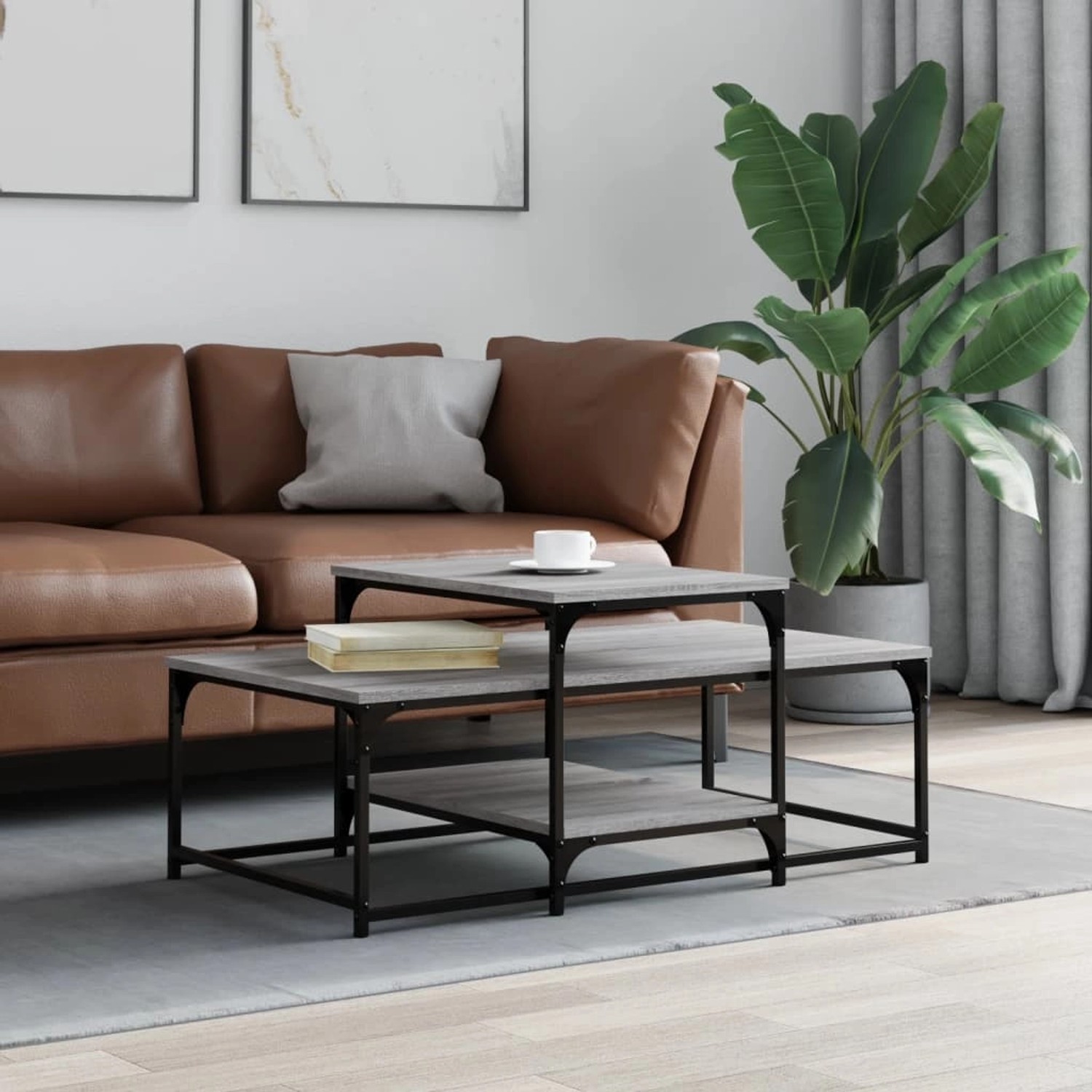vidaXL Couchtisch Grau Sonoma, 102x60 cm, Holzwerkstoff mit schwarzem Metallgestell.