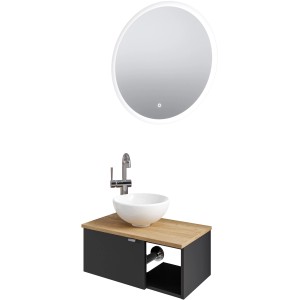 Pelipal Badmöbel-Set Serie 6915: Schwarz matter Unterschrank, Halifax Eiche Platte, Aufsatzbecken, runder Spiegel.