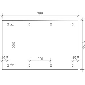 Skizze des Skan Holz Bogendach-Carport Franken 376 cm x 755 cm mit Maßangaben.