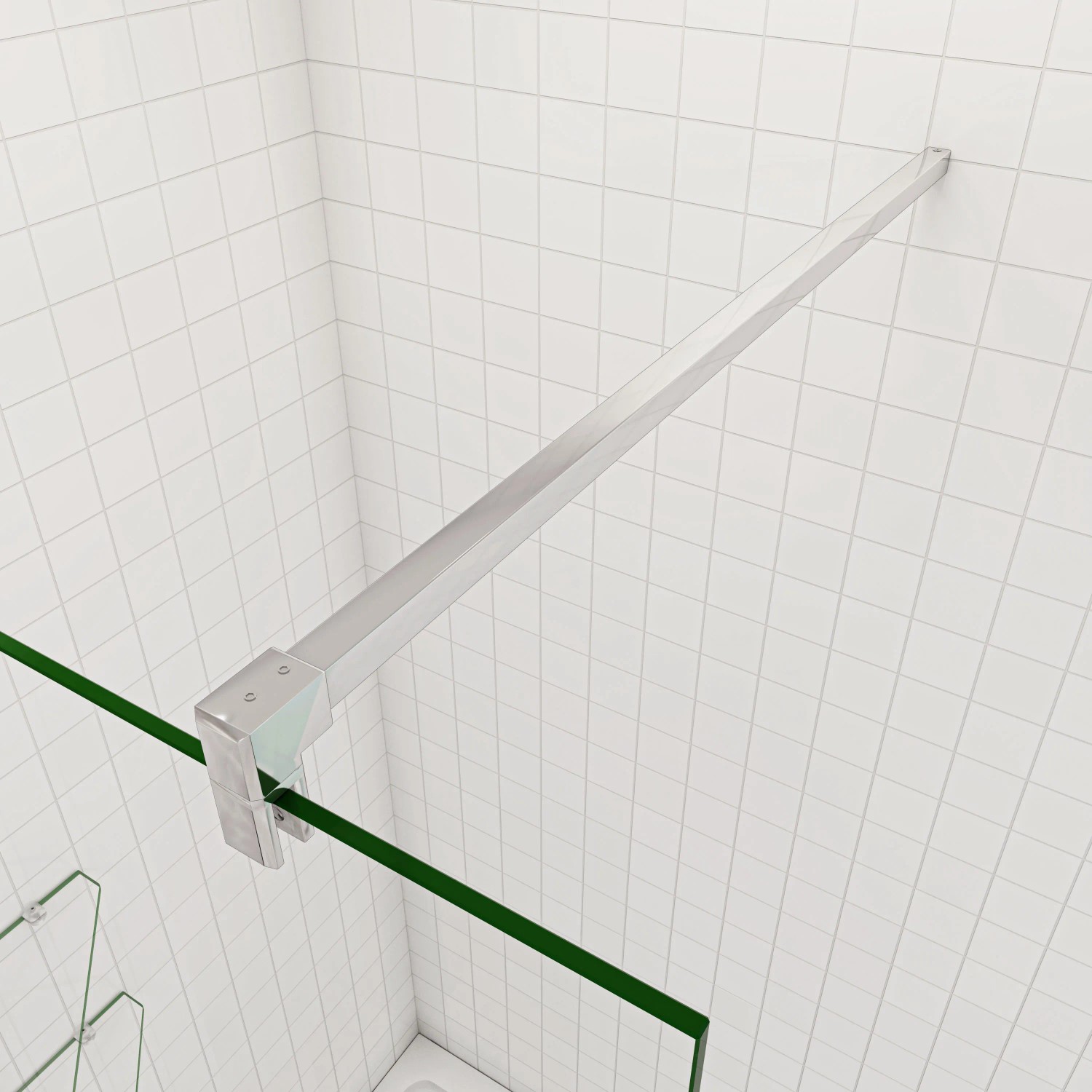 Detailaufnahme: AICA Walk In Duschkabine mit Stabilisator und 10mm ESG-Glas Duschtrennwand.