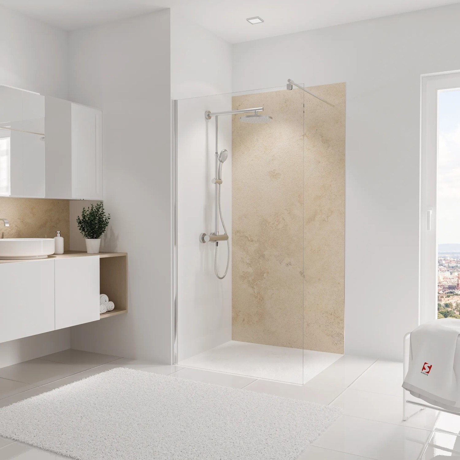 Schulte Duschrückwand DecoDesign Kalkstein-hell, 255x125 cm im Badezimmer.