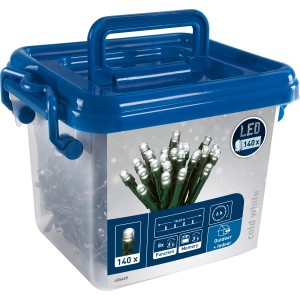 LED-Lichterkette kaltweiß, 140 LEDs, grünes Kabel, in Kunststoffbox. Für Innen & Außen.