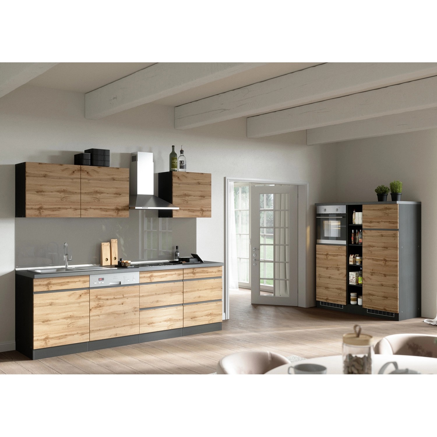 Held Möbel Küchenzeile/Küchenblock Turin 390 cm Wotaneiche-Graphit mit E-Geräten