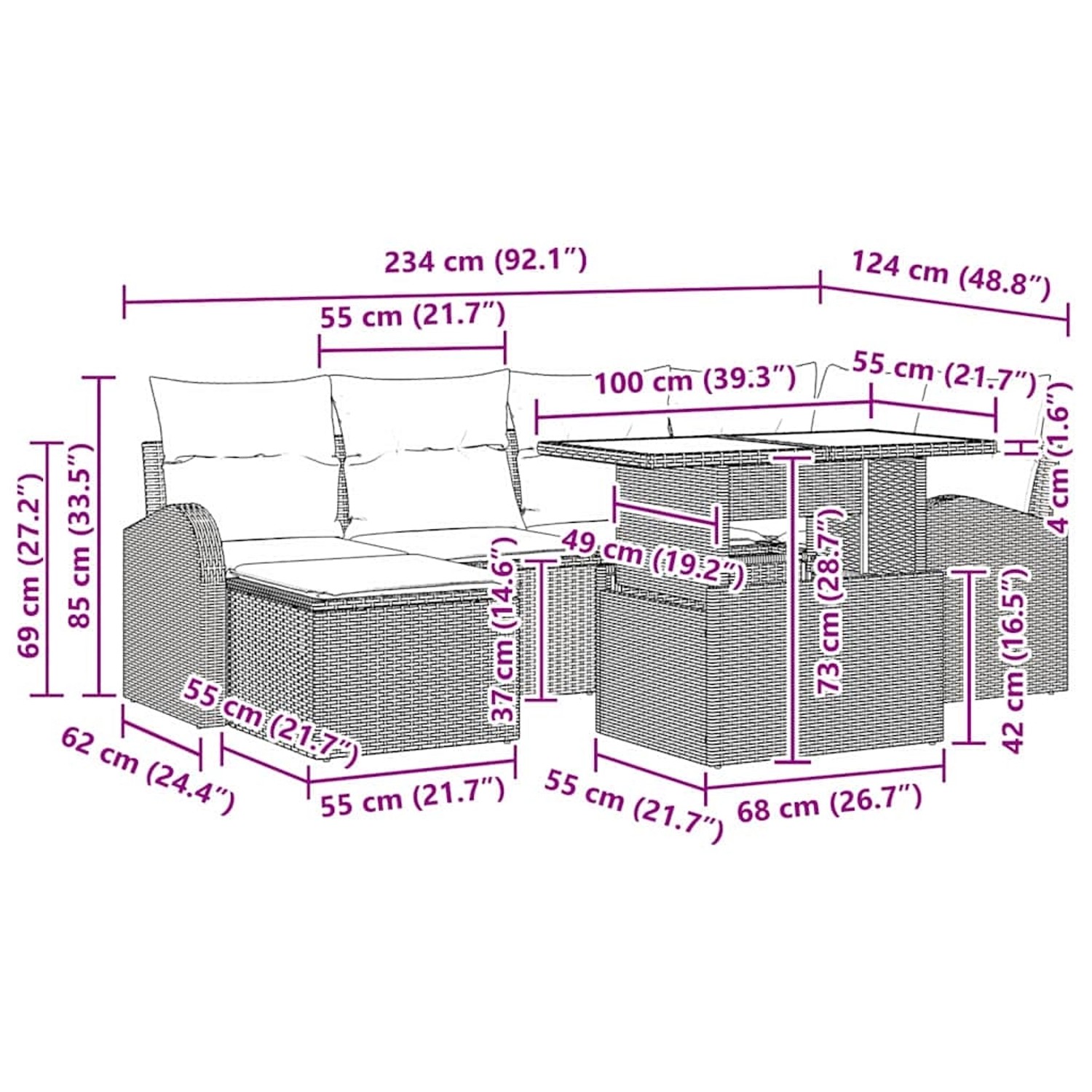 vidaXL Gartenmöbel-Set, 7-teilig, schwarz, Poly Rattan, mit Maßangaben für Sofa, Hocker und Tisch.