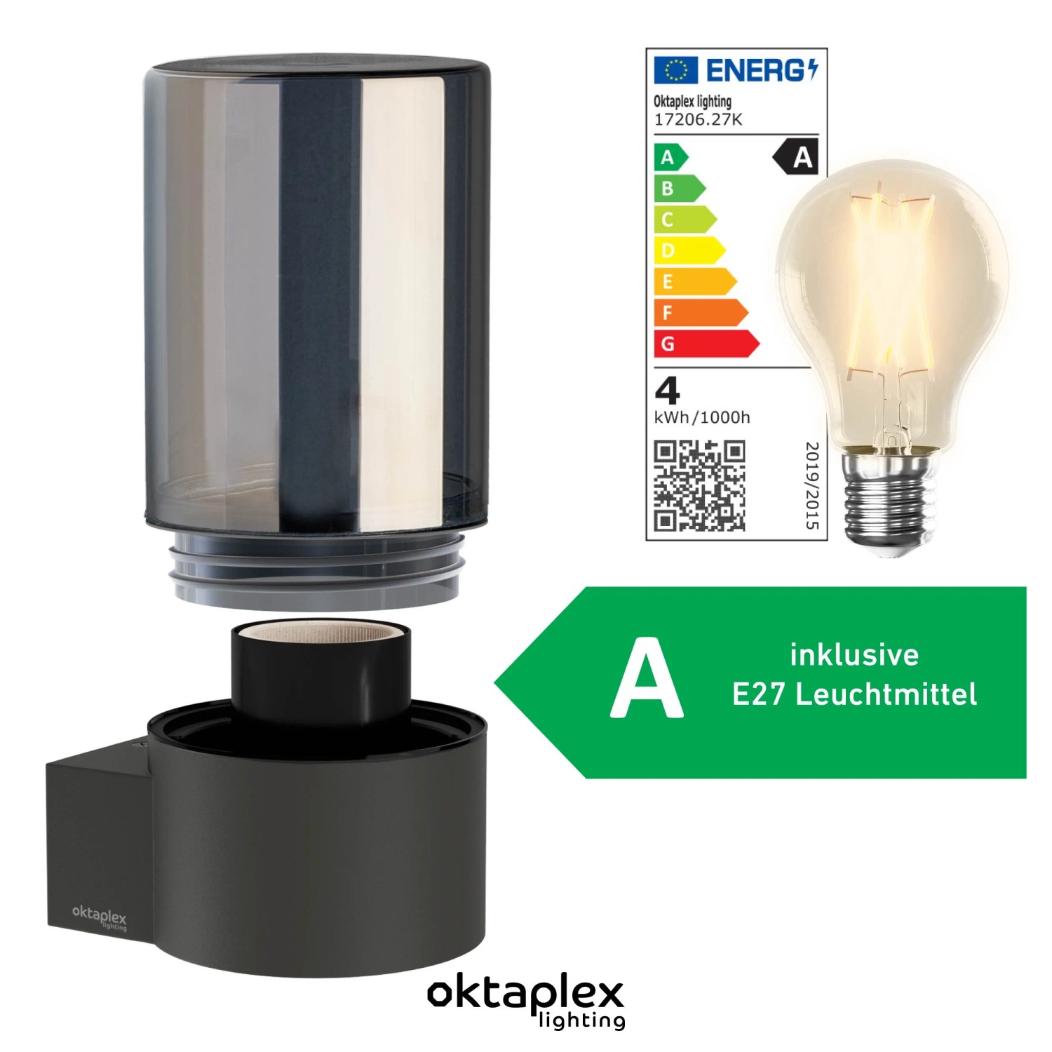 Anthrazitfarbene Oktaplex Puno Wandleuchte mit Rauchglas und E27 Leuchtmittel.