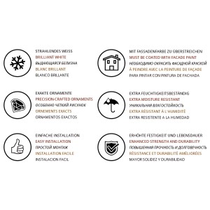 Piktogramme zu Eigenschaften des Fassadenelements: Weiß, präzise Ornamente, einfache Installation, feuchtigkeitsbeständig, langlebig.