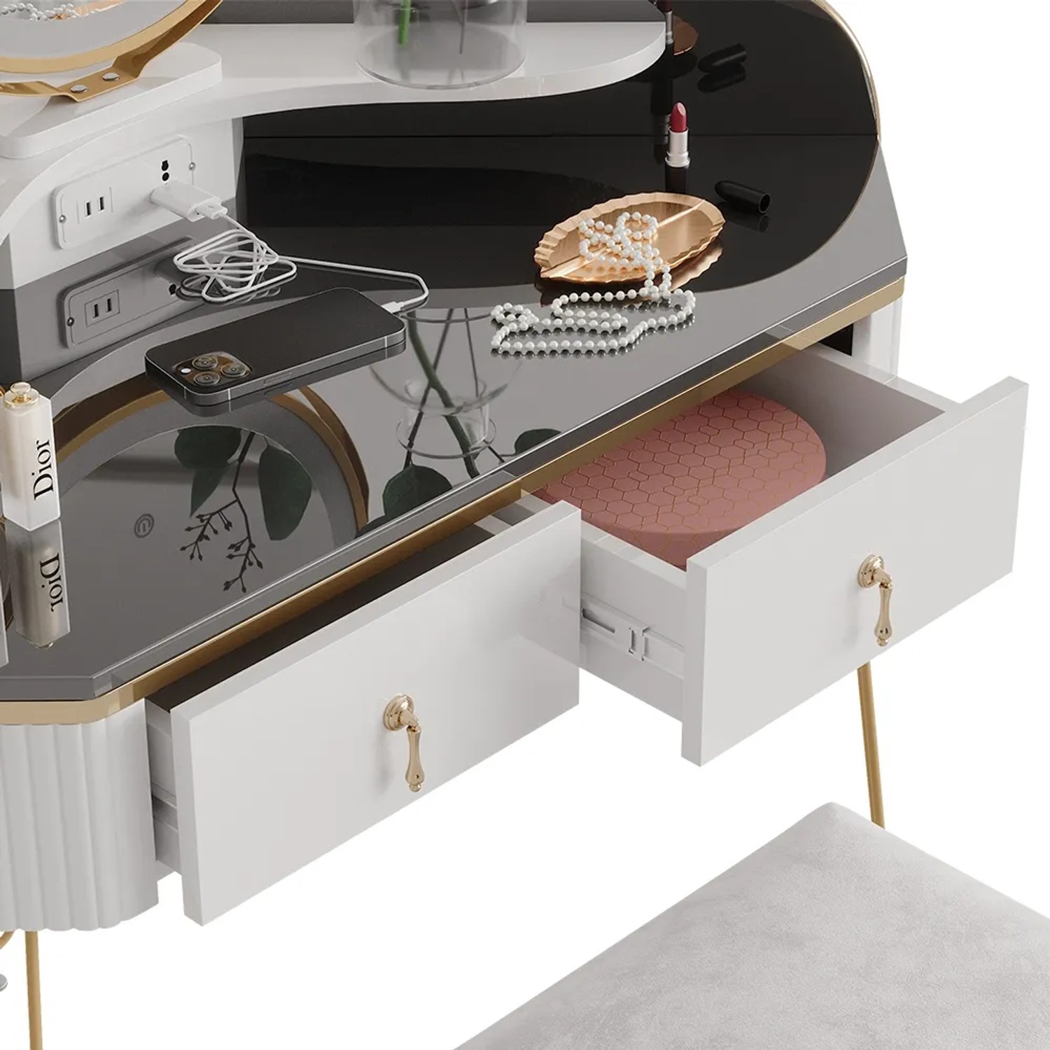 Vicco Eckschminktisch Amira Weiß Hochglanz/Grau Hochglanz 99 cm mit LED Spiegel Hocker und USB_6