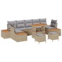 Beiges 10-teiliges vidaXL Garten-Sofa-Set aus Poly Rattan mit Tisch und Kissen.