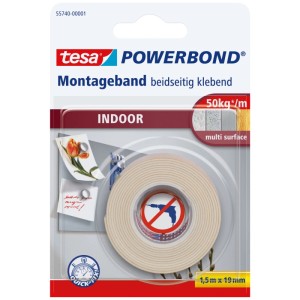 Tesa Powerbond Montageband Indoor, beidseitig klebend, 1,5 m x 19 mm. Starker Halt für Kacheln, Holz.