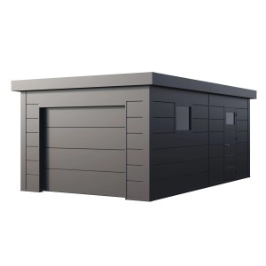 Anthrazitfarbene Fertiggarage 3663 (358x628 cm) mit Sektionaltor, Tür und Fenster.