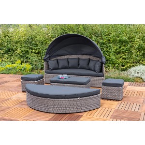 Graue Merxx Relaxinsel Riva Ø 180 cm mit Sonnendach und Liegekissen als Gartenmöbel-Set.