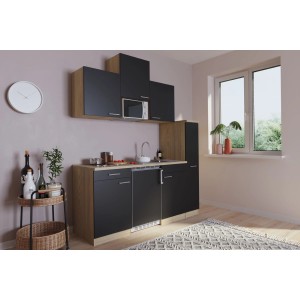 Respekta Küchenzeile KB180ESSMIC, 180 cm, Schwarz und Eiche Sägerau Nachbildung, mit Glaskeramikkochfeld und Spüle.