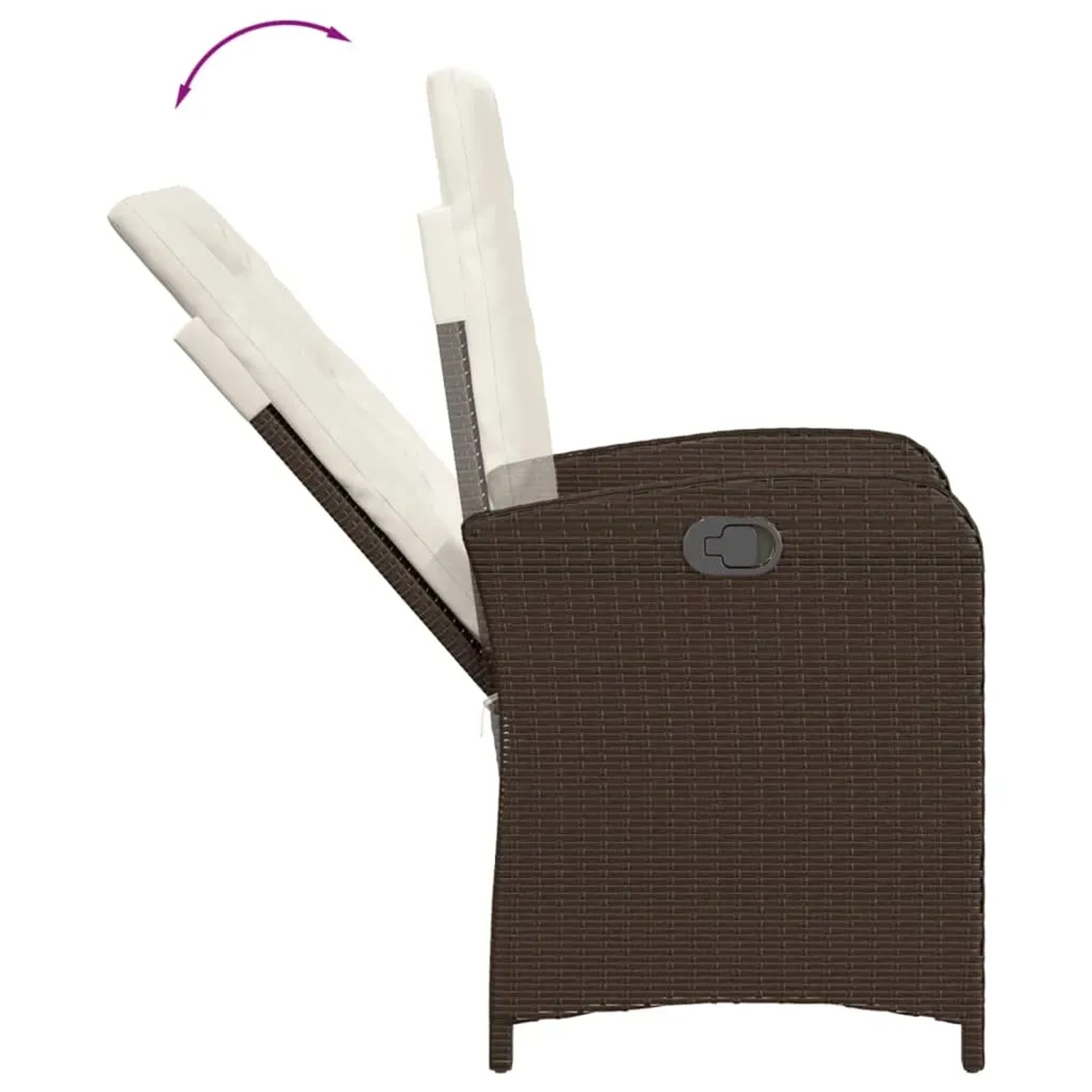 Brauner vidaXL Gartenstuhl aus Rattan mit verstellbarer Rückenlehne und cremefarbenen Kissen.
