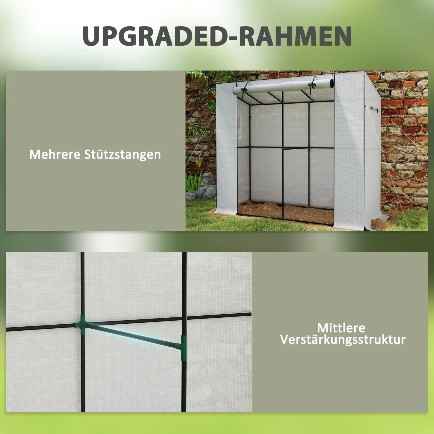 Weißes Outsunny Gewächshaus mit Rolltür und Fenstern, Anlehnmodell für Garten oder Terrasse.