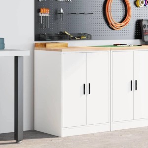 Weißer Garagen-Werkzeugschrank mit Holzarbeitsplatte, 60x51x85 cm.