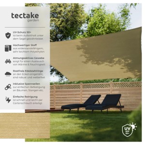 Beiges, rechteckiges Tectake Sonnensegel über zwei Liegen im Garten.