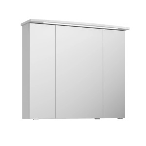 Pelipal Spiegelschrank Serie 4010, weiß glänzend, 82 cm breit, mit drei Türen und Beleuchtung.