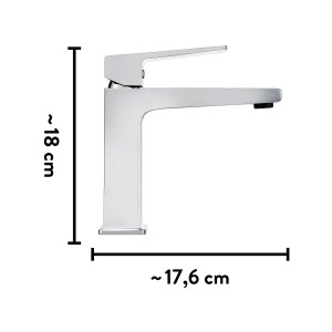 baliv Waschtischarmatur WT-640 in Chrom, Seitenansicht mit Maßangaben.