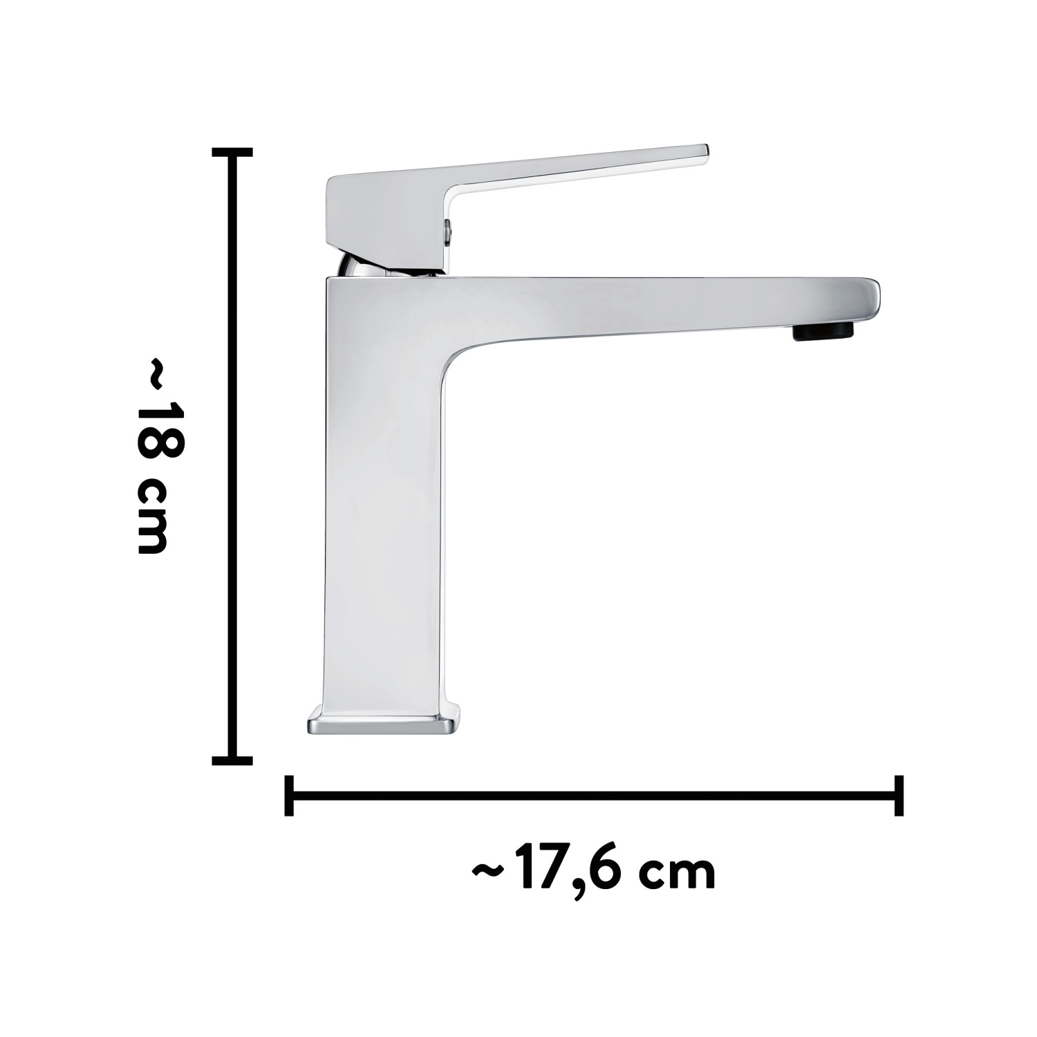baliv Waschtischarmatur WT-640 in Chrom, Seitenansicht mit Maßangaben.