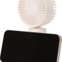 Weißer USB Handventilator mit Handyhalterung für Reisen und Büro.
