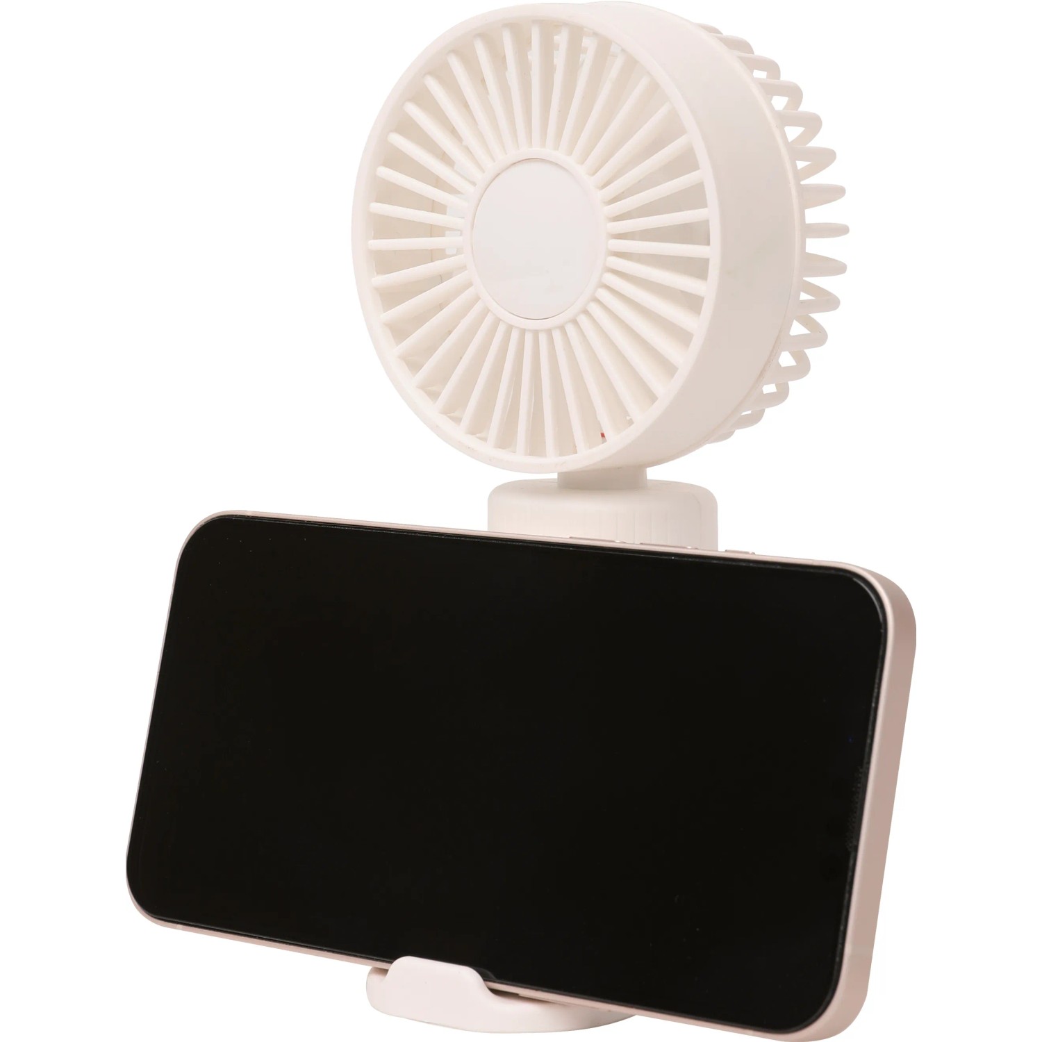 Weißer USB Handventilator mit Handyhalterung für Reisen und Büro.