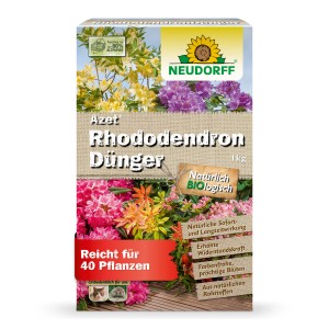 Neudorff Azet Rhododendron-Dünger 1kg Packung mit Blütenabbildung für Moorbeetpflanzen.