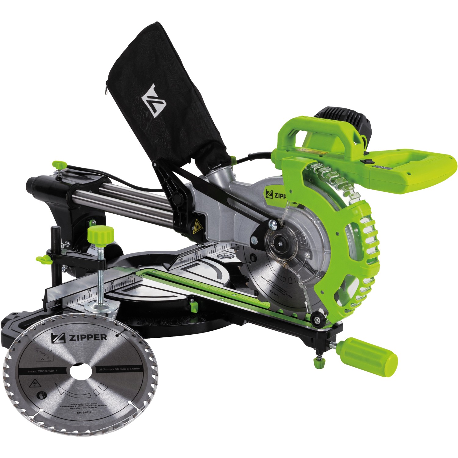 Zipper Kapp- und Gehrungssäge ZI-KGS210DS mit Sägeblatt und Spänefangsack.