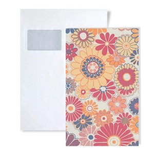 Muster einer Blumentapete DIN A4 von PROFHOME, florales Design in Gelb-, Rot- und Blautönen.