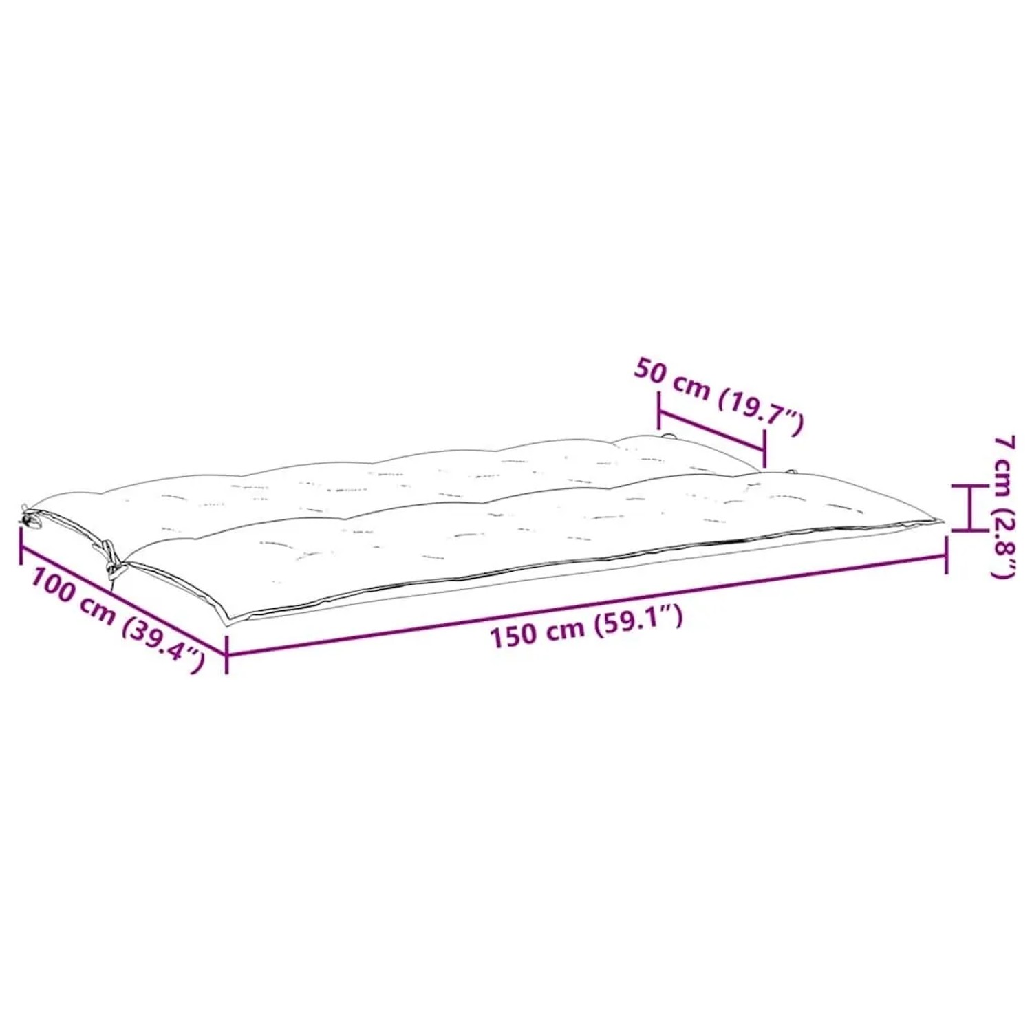 Maßzeichnung der anthrazitfarbenen vidaXL Gartenbank-Auflage 150x100x7 cm aus Oxford-Gewebe.